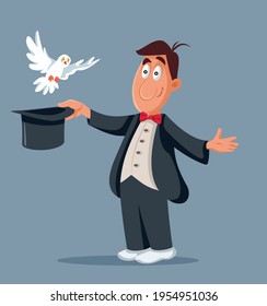 Funny Magician and White Pigeon Flying out the Hat. Illusionist circus performer conjuring bird in magic trick show vector illustration
