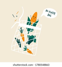 Funny maiz character and other vegetables in reusable mesh shopping bag. Bring your own bag concept.