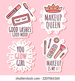 Funny make-up illustration with phrases. Set of isolated stickers with mascara, eyeshadow.