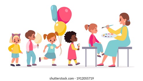 Funny makeup. Painted children faces woman makes party makeover for kids, happy boys and girls with cotton candy and balloons in queue, masquerade festival. Birthday celebration vector cartoon concept