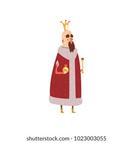 Funny mald king character in red mantle holding orb and scepter cartoon vector Illustration