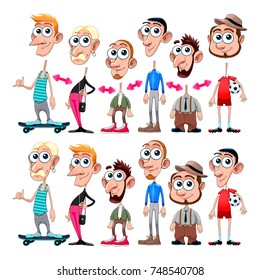 Funny male avatars with interchangeable heads and bodies. Vector isolated elements.