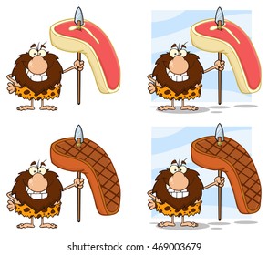 Funny Male Caveman Cartoon Mascot Character 5. Vector Collection Set