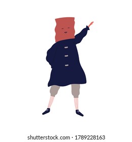 Funny male character in costume with box on head vector flat illustration. Joyful guy dancing wearing cardboard isolated on white. Happy man in carnival apparel having fun at theme party
