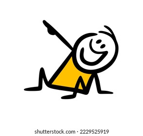 Funny male character sitting on the ground with happy smile and pointing with finger up. Vector illustration of fall down boy on the floor.