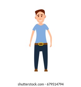 Funny male character stand and smiles in blue T-shirt and navy jeans with big belt isolated cartoon vector illustration on white background.