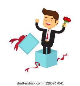 Funny male character wearing holiday cap emerge jump from blue present gift box wrapped with red ribbon, Happy Valentine's Day
