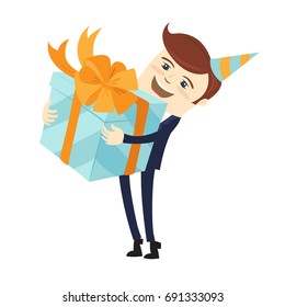 Funny male character wearing holiday cap holding a blue present gift box wrapped with orange ribbon. Vector illustration