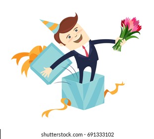 Funny male character wearing holiday cap emerge jump from blue present gift box wrapped with orange ribbon. International Woman Day March 8, Happy Valentine's Day and Happy Birthday greeting card. 