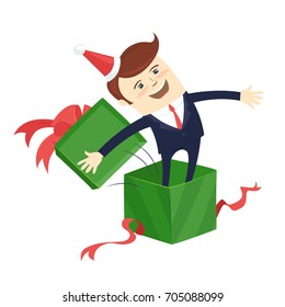 Funny male character wearing holiday christmas cap emerge jump from a green present gift box wrapped with red ribbon. Vector illustration