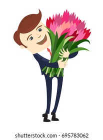 Funny male character wearing suit gives flowers. Vector illustration