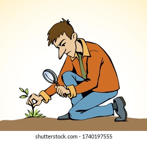 Funny male human worker care. Outline black drawn fun organic green plant leaf grow field insect icon sign symbol concept. vintage art doodle curiose line style. White closeup outdoor view text space