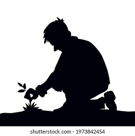 Funny male human worker care. Outline black drawn fun organic green plant leaf grow field insect icon sign symbol concept. vintage art doodle curiose line style. White closeup outdoor view text space