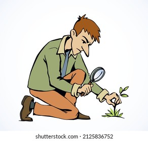 Funny male human worker care. Outline black drawn fun organic green plant leaf grow field insect icon sign symbol concept. vintage art doodle curiose line style. White closeup outdoor view text space