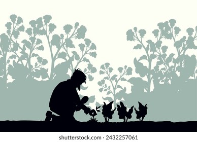 Funny male human worker care. Outline black drawn fun organic green plant leaf grow field insect icon sign symbol concept. vintage art doodle curiose line style. White closeup outdoor view text space