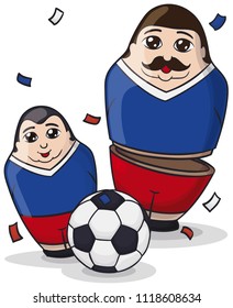Funny male matryoshka dolls painted like soccer players and ball under confetti shower, promoting Football Tournament in Russia.