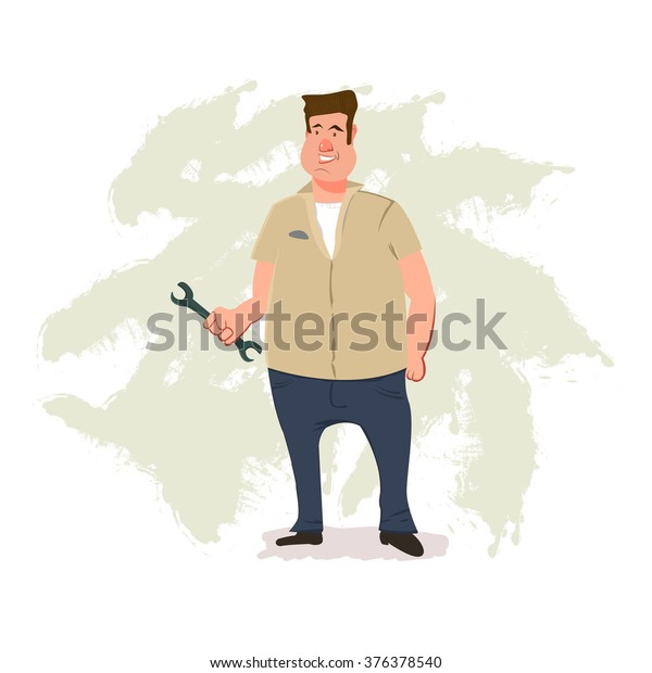 funny male mechanic holding a wrench,\
cartoon character, vector\
illustration