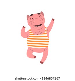 Funny male pig having fun, farm animal cartoon character jumping vector Illustration on a white background
