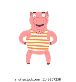 Funny male pig standing on two legs with hands on his waist, farm animal cartoon character doing sport exercise vector Illustration