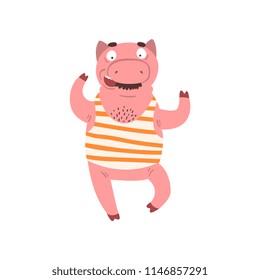 Funny male pig wearing striped singlet, farm animal cartoon character vector Illustration on a white background