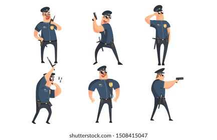 Funny Male Policeman Cartoon Characters Set, Public Safety Officer In Blue Uniform Posing In Different Situations Vector Illustration