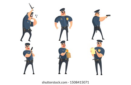 Funny Male Policeman Cartoon Characters Set, Public Safety Officer In Uniform Posing In Different Situations Vector Illustration