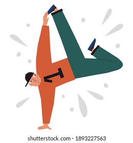 Funny Male Street Dancer In Flat Style Isolated On White Background. Breakdance Guy Freeze In Handstand. Cool Hip Hop Poster. Hand Drawn Freestyle Man. Fun Doodle Drawing. Trendy Vector Illustration