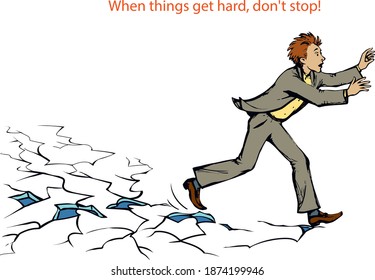 Funny male upset office worker quick go tough flying quit runaway melt white cold water crash aim goal win over. Human jump hole panic shock sign sketch fun comic vector graphic poster text art style