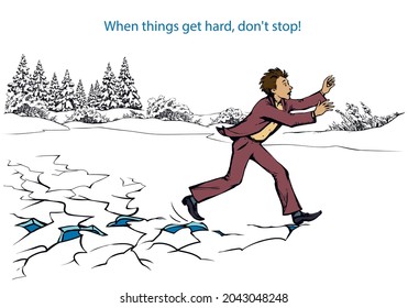 Funny male upset office worker quick go tough flying quit runaway melt white cold water crash aim goal win over. Human jump hole panic shock sign sketch fun comic vector graphic poster text art style