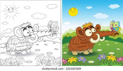Funny mammoth in the meadow coloring book