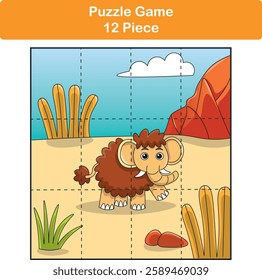 Funny mammoth. Puzzle games for kids. 12 piece. Child education. Vector illustration