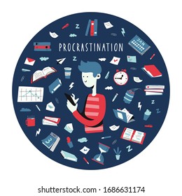 Funny man among a pile of work documents and important tasks, hangs in the phone instead of working. Lazy office worker, student. Vector Illustration in flat cartoon style