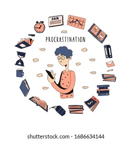 Funny man among a pile of work and irgent tasks in a circle, hangs in the phone instead of working. Lazy office worker, student. Vector Illustration in flat cartoon style
