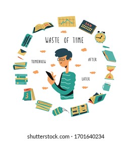 Funny man among a pile of work documents and important tasks, hangs in the phone instead of working. Lazy office worker, student. Vector Illustration in flat cartoon style