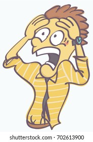 Funny man astonished and terrified, vector cartoon isolated on white background