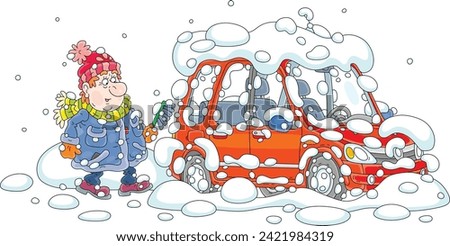 Funny man with an automobile brush cleaning his snow-covered car from snow in a yard of his house on a cold and snowy winter morning, vector cartoon illustration on a white background Imagine de stoc © 