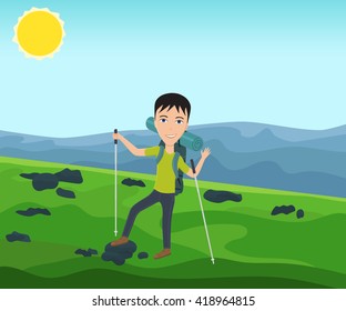 Funny man with a backpack goes hiking and waves his hand. Theme of hiking, walking, trekking, climbing. Vector illustration.