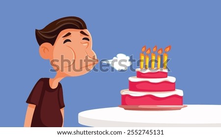 
Funny Man Blowing Candles on a Cake Vector Cartoon Illustration. Happy guy celebrating his anniversary with dessert 
