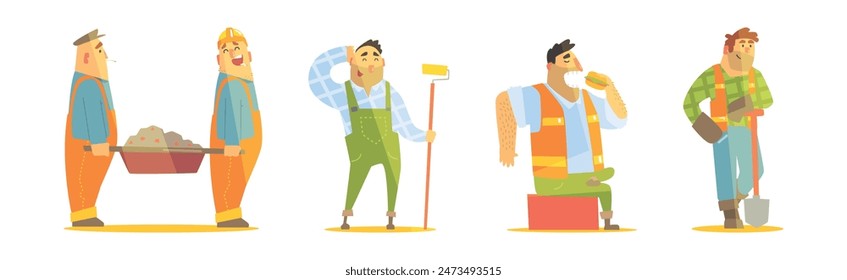 Funny Man Builder Character Work at Construction Site Vector Set