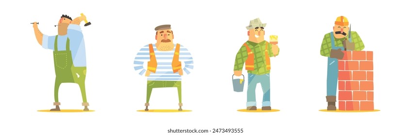 Funny Man Builder Character Work at Construction Site Vector Set