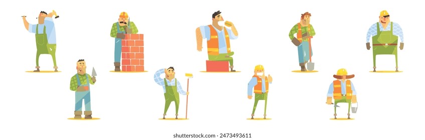 Funny Man Builder Character Work at Construction Site Vector Set