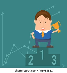 Funny man businessman in cartoon style win with a cup victory. Vector illustration