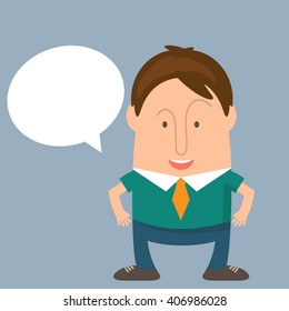 Funny man businessman in cartoon style with a speech bubble. Vector illustration
