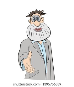 funny man businessman stretches his hand. contract partnership. vector illustration.