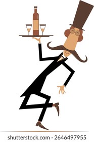 Funny man carries a tray with a bottle and two glasses. Long mustache in the top hat carries a tray with alcohol drink and glasses