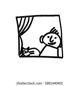 Funny man with a cat at the window. A hand-drawn cartoon character. Vector Doodle illustration