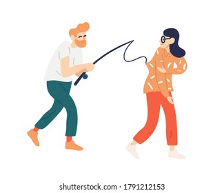 Hombre gracioso atrapando a una mujer en una vara de pesca vectorial ilustración plana. El tipo que trata de atrapar a la víctima con gancho aislado en blanco. Buscando pareja. Recoge pareja, amor, relación, novia o esposa