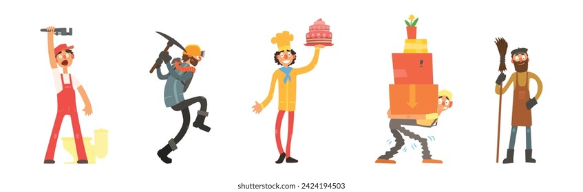 Funny Man Character Engaged in Different Occupation Vector Set