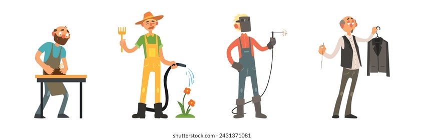 Funny Man Character Engaged in Different Occupation Vector Set