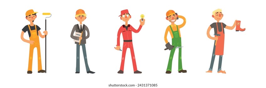 Personaje de hombre divertido involucrado en diferentes juegos de vectores de ocupación